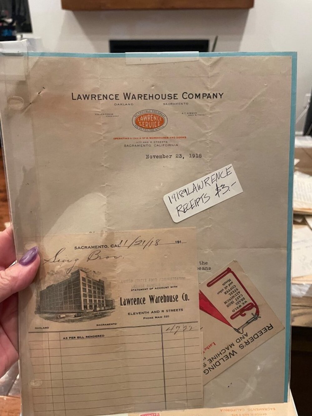 11 + Lawrence Warehouse Co Invoices 1918–1919 Sacramento CA Sing Bros